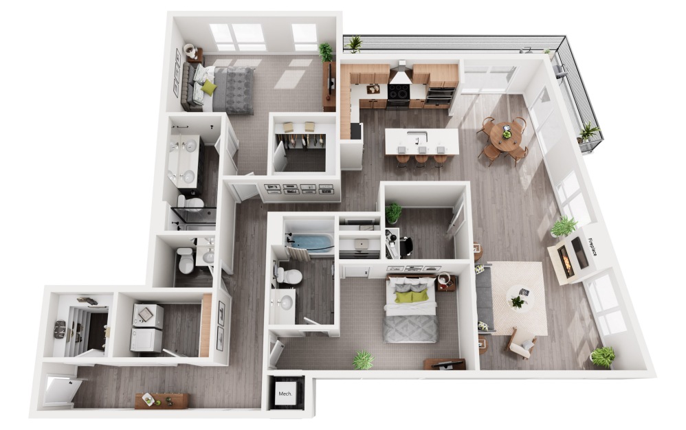 Amacoy - 2 bedroom floorplan layout with 2.5 bathrooms and 1677 square feet (3D)