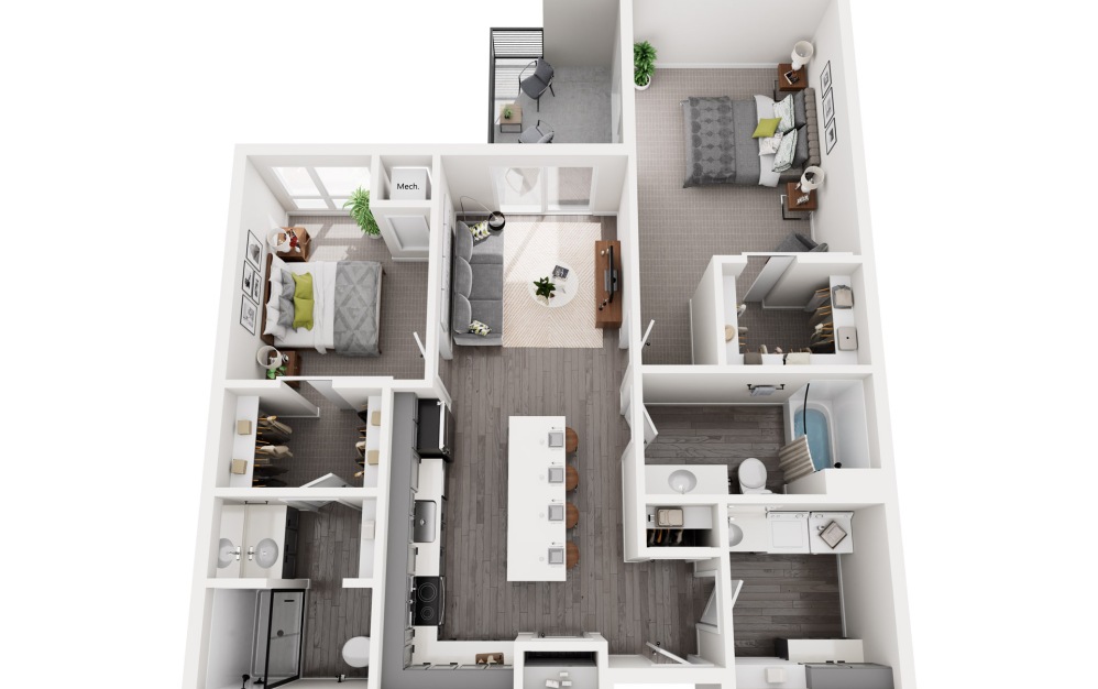 Anvil - 2 bedroom floorplan layout with 2 bathrooms and 1125 square feet (3D)