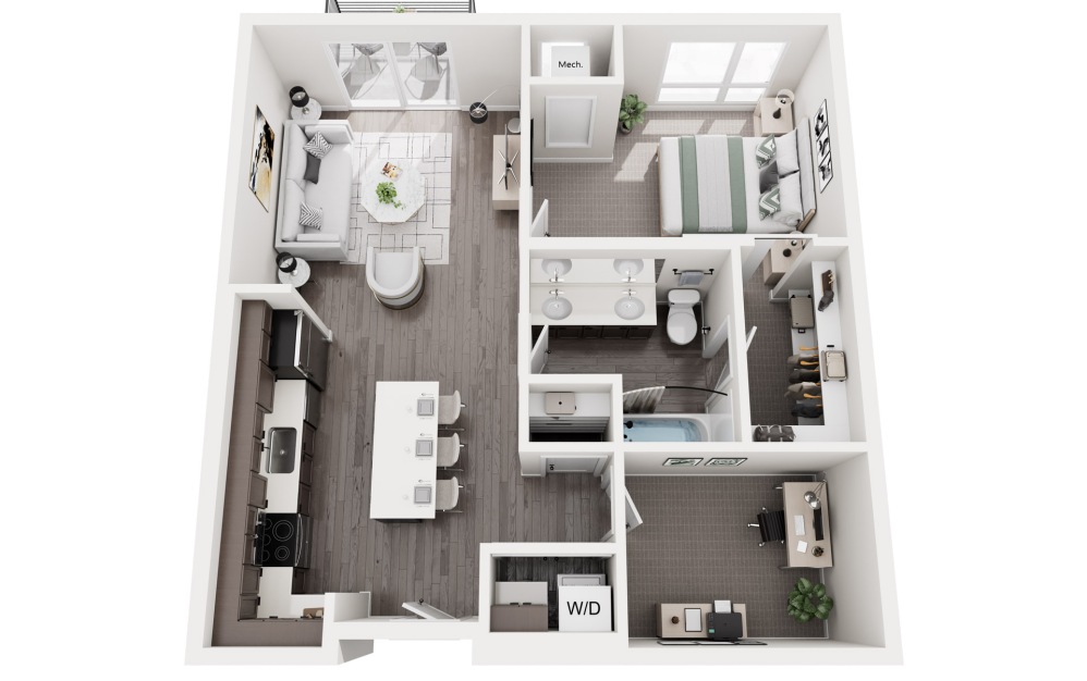 Arkdale - 1 bedroom floorplan layout with 1 bathroom and 840 square feet (3D)