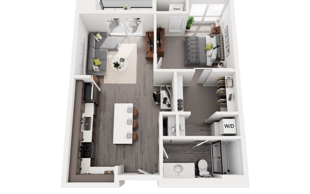 Atkins - 1 bedroom floorplan layout with 1 bathroom and 713 square feet (3D)