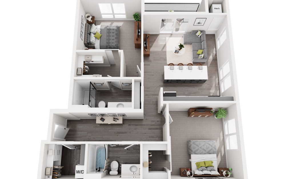 Barker - 2 bedroom floorplan layout with 2 bathrooms and 1123 square feet (3D)