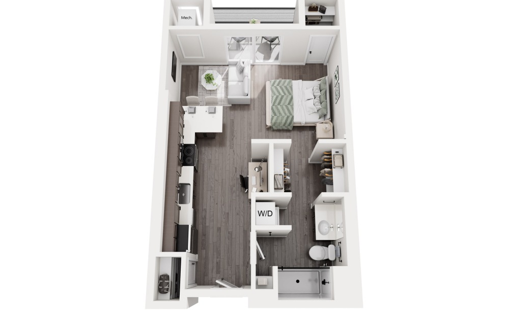 Castle - Studio floorplan layout with 1 bathroom and 550 square feet (3D)