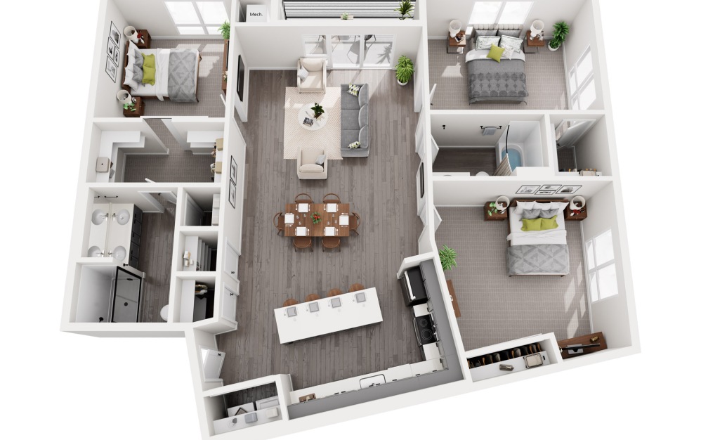 Chilton - 3 bedroom floorplan layout with 2 bathrooms and 1605 square feet (3D)