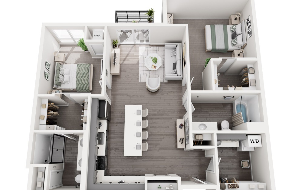 Durphee - 2 bedroom floorplan layout with 2 bathrooms and 1257 square feet (3D)