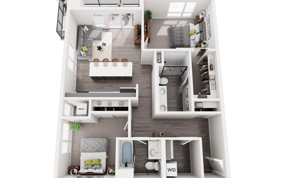 Geneva - 2 bedroom floorplan layout with 2 bathrooms and 1055 square feet (3D)