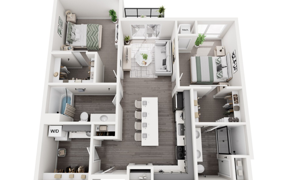 Marsh - 2 bedroom floorplan layout with 2 bathrooms and 1100 square feet (3D)