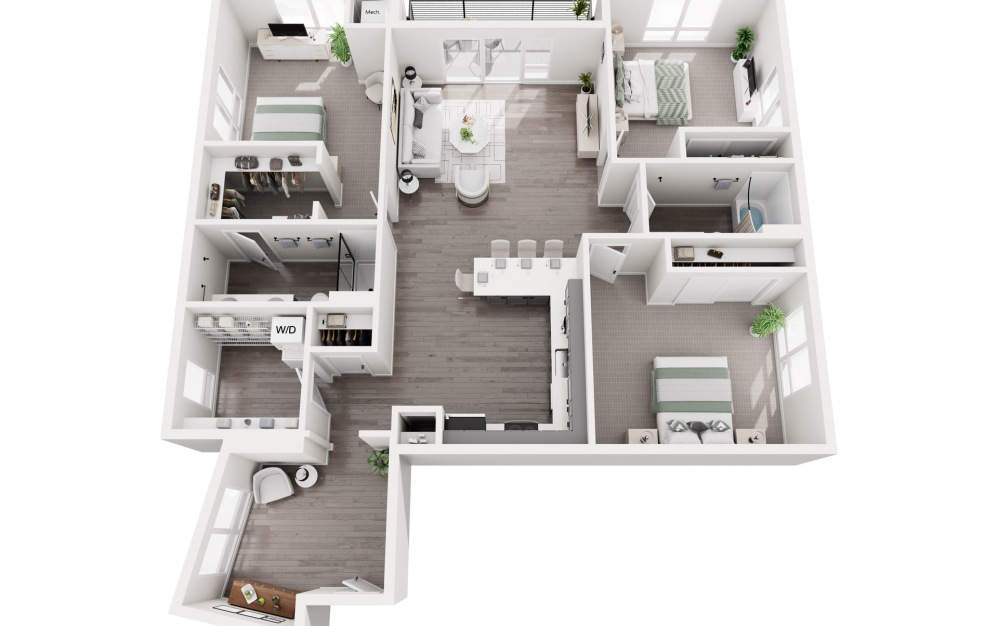 Michigan - 3 bedroom floorplan layout with 2 bathrooms and 1570 square feet (3D)