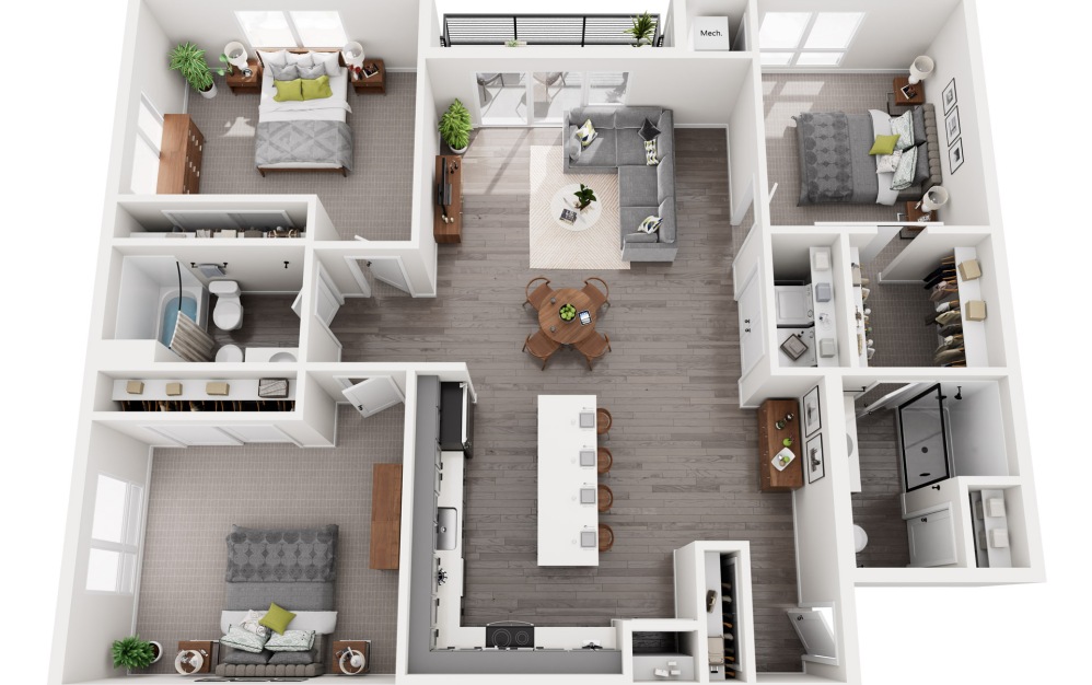 Superior - 3 bedroom floorplan layout with 2 bathrooms and 1608 square feet (3D)