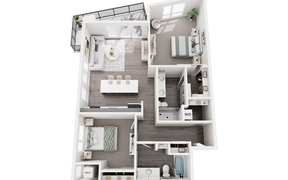 Wazee - 2 bedroom floorplan layout with 2 bathrooms and 1145 square feet (3D)