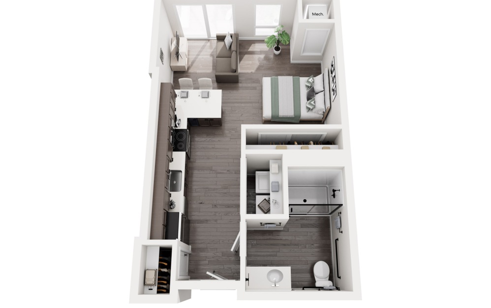 Woodman - Studio floorplan layout with 1 bathroom and 536 square feet (3D)